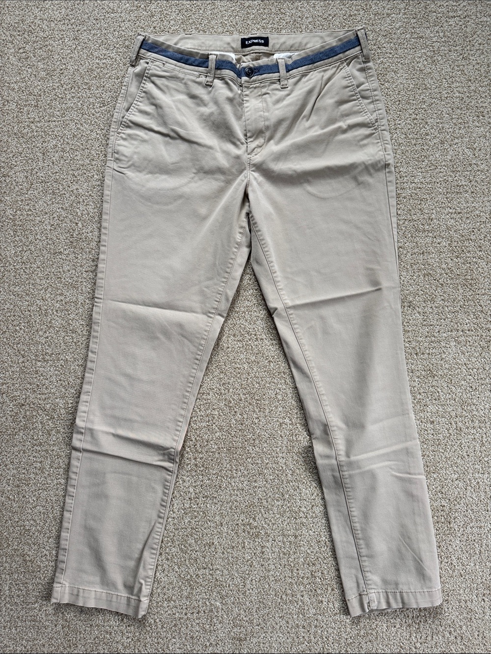 Express Men’s Tan Chino Pants with Blue Waistband Accent